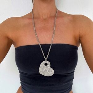 Statement Silver Rhinestone Encrusted Heart Pendant Necklace